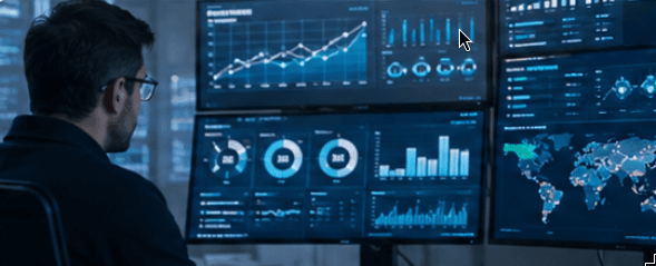 Analyst monitoring circularity dashboards on multiple screens