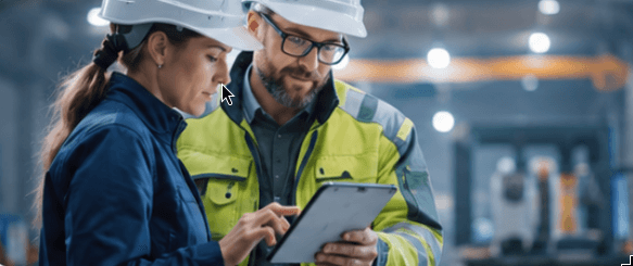 Engineers reviewing operations data on a tablet inside a plant